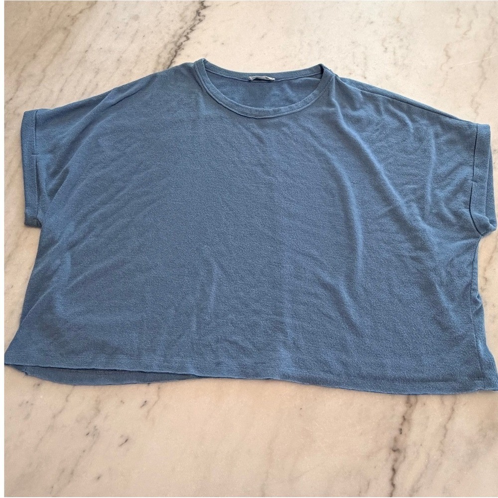 Charlotte Avery Womens Blue Boxy Knit Top Short Sleeve Oversized Crew Neck M